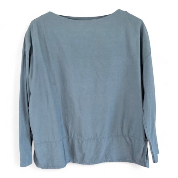Zara Tops - Zara Womens Cotton Long Sleeve Top Size S Blue Boat Neck Side Slit Hem